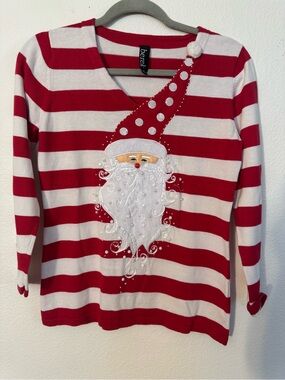 berek Red and White Striped Santa V-Neck Sweater